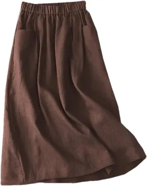 Jegsnoe Women Cotton A-Line Elastic Waist Midi Skirt Summer Solid Mid-Calf Casual Skirt