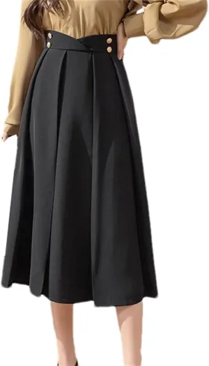 Jegsnoe Women Pleated Skirts Elegant Solid Buttons High Waist A-Line Umbrella Skirts
