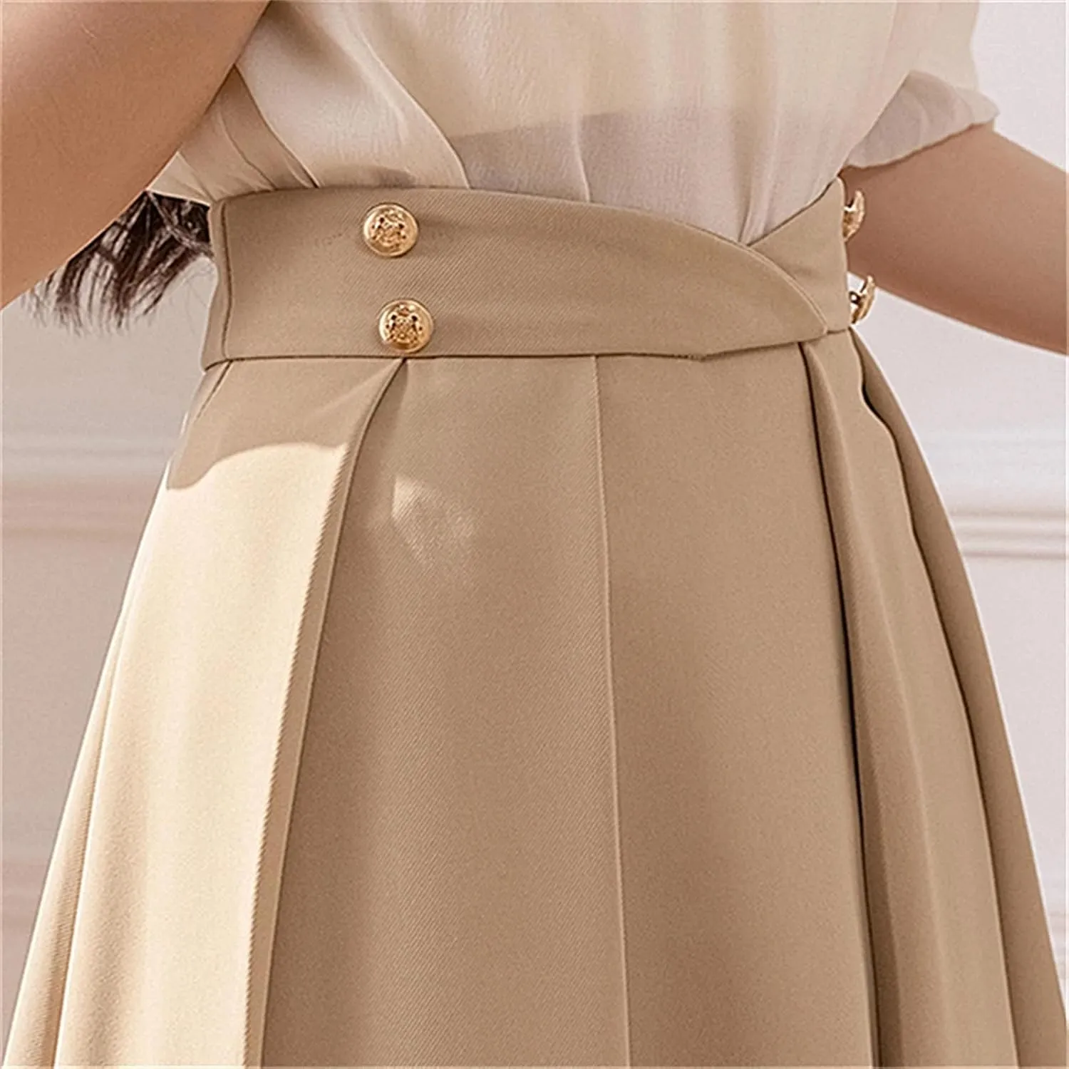 Jegsnoe Women Pleated Skirts Elegant Solid Buttons High Waist A-Line Umbrella Skirts