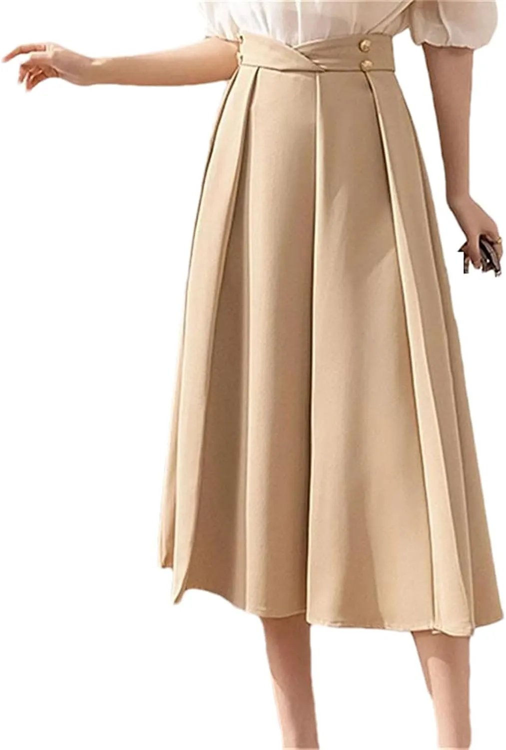 Jegsnoe Women Pleated Skirts Elegant Solid Buttons High Waist A-Line Umbrella Skirts