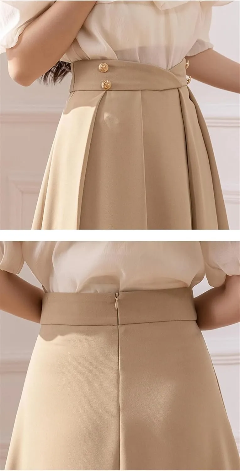 Jegsnoe Women Pleated Skirts Elegant Solid Buttons High Waist A-Line Umbrella Skirts