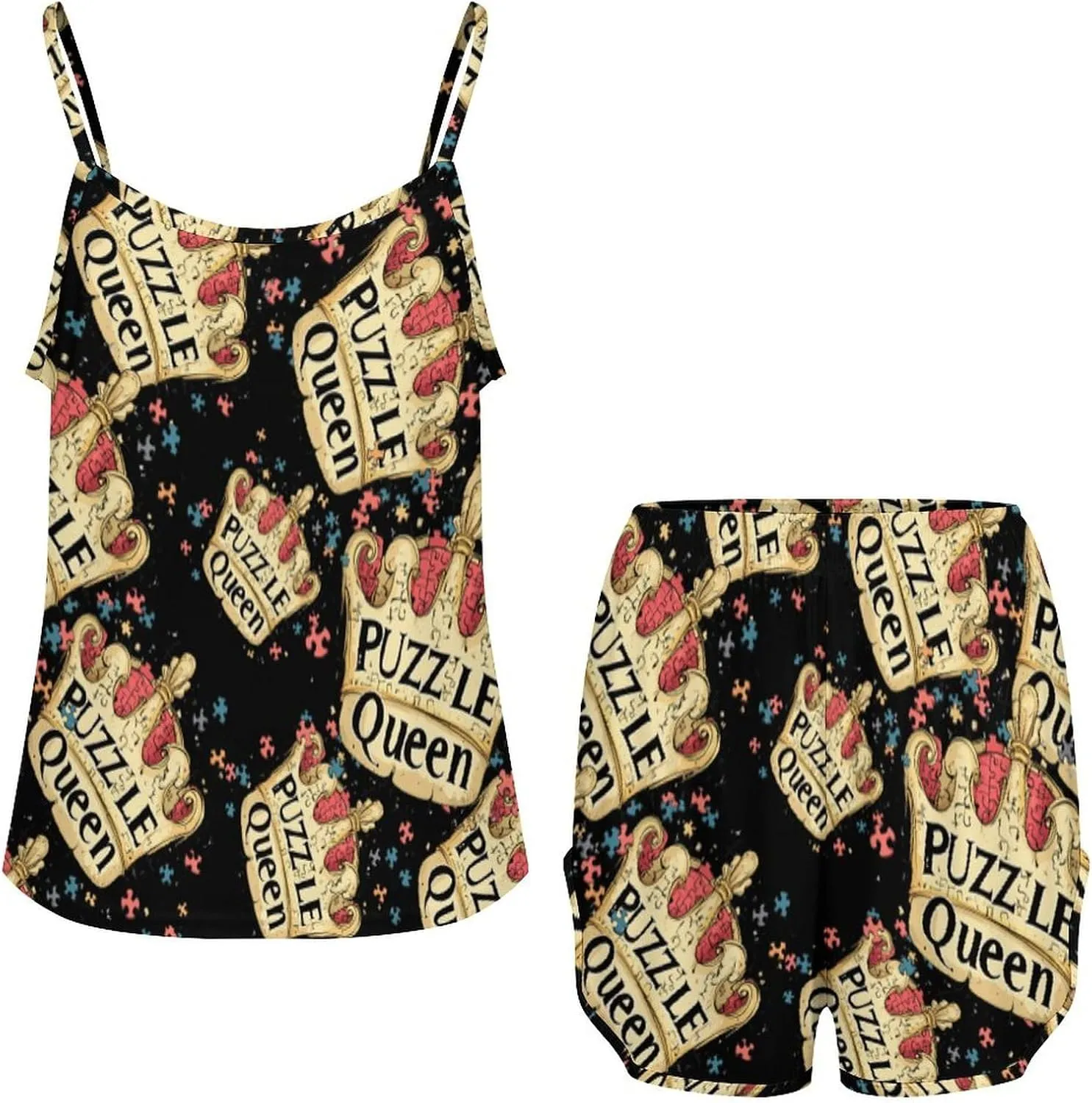Jigsaw Puzzle Queen Pajamas for Women Set Tank Top Pjs And Shorts Sleepwear Loungewear Sets
