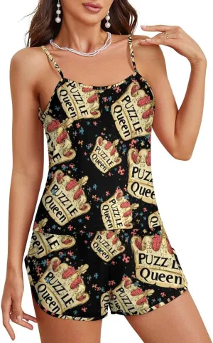 Jigsaw Puzzle Queen Pajamas for Women Set Tank Top Pjs And Shorts Sleepwear Loungewear Sets