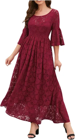 JOAU Women's Crew Neck Ruffle Half Sleeve A Line Dress Cocktail Party Evening Prom Gown Wedding Guest Floral Lace Dresses