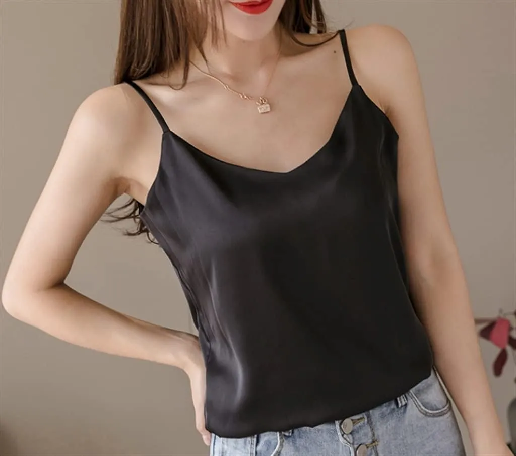 JSEIAJB Women Camisole Fashion Strap Top Halter V Neck Basic Sleeveless Satin Silk Tank Tops Women's Spring(X-Lcode)