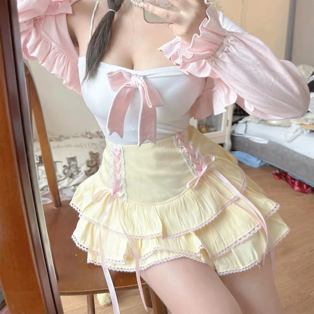 Kawaii Gothic Lolita Vintage Casual Zipper High Waist Pink Ribbon Lace Trim Tiered Skirt with Shorts Underneath