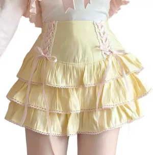 Kawaii Gothic Lolita Vintage Casual Zipper High Waist Pink Ribbon Lace Trim Tiered Skirt with Shorts Underneath