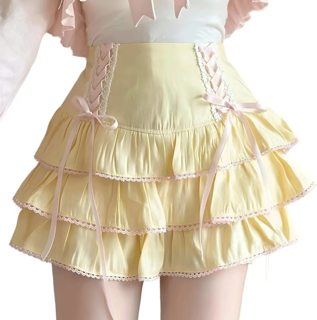 Kawaii Gothic Lolita Vintage Casual Zipper High Waist Pink Ribbon Lace Trim Tiered Skirt with Shorts Underneath