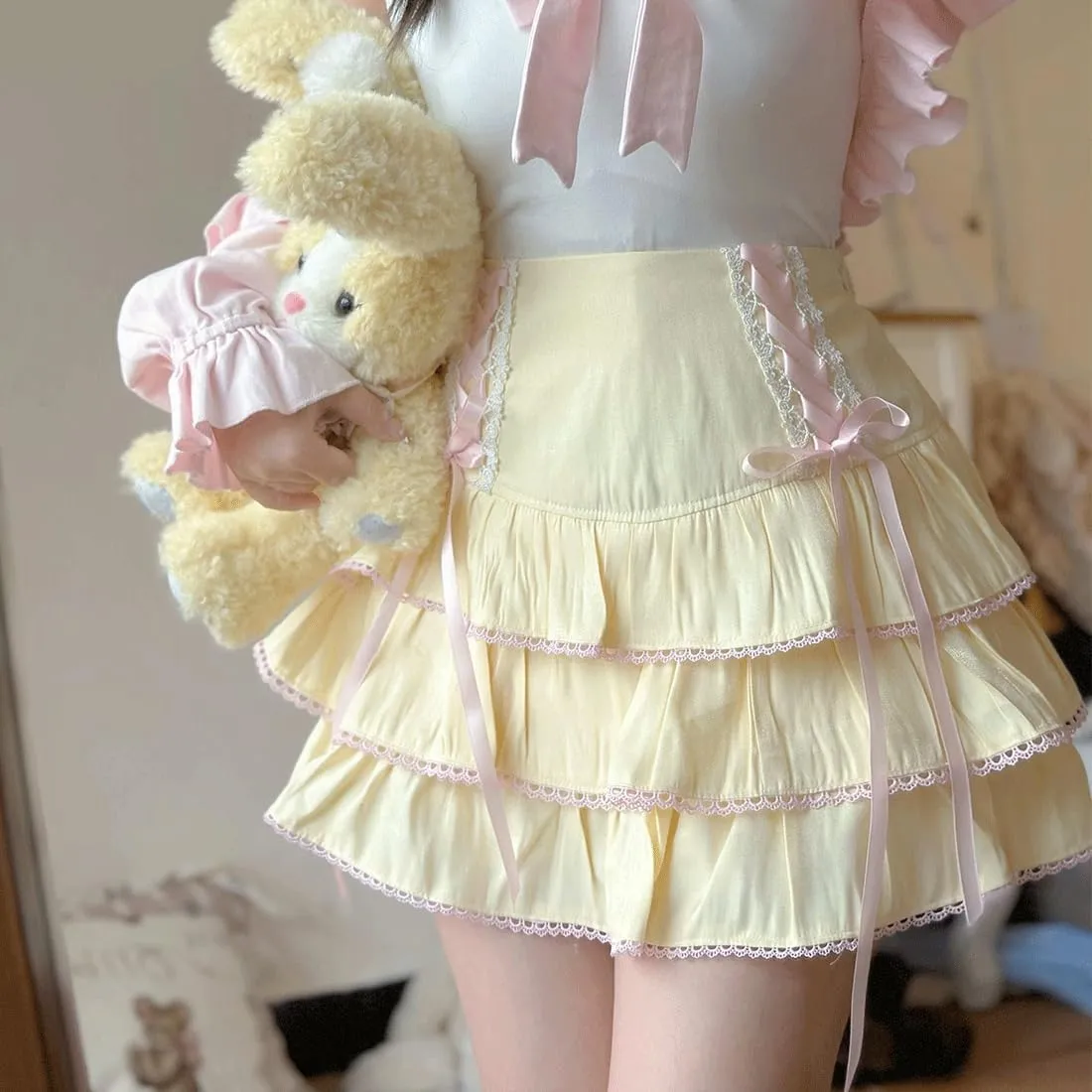 Kawaii Gothic Lolita Vintage Casual Zipper High Waist Pink Ribbon Lace Trim Tiered Skirt with Shorts Underneath
