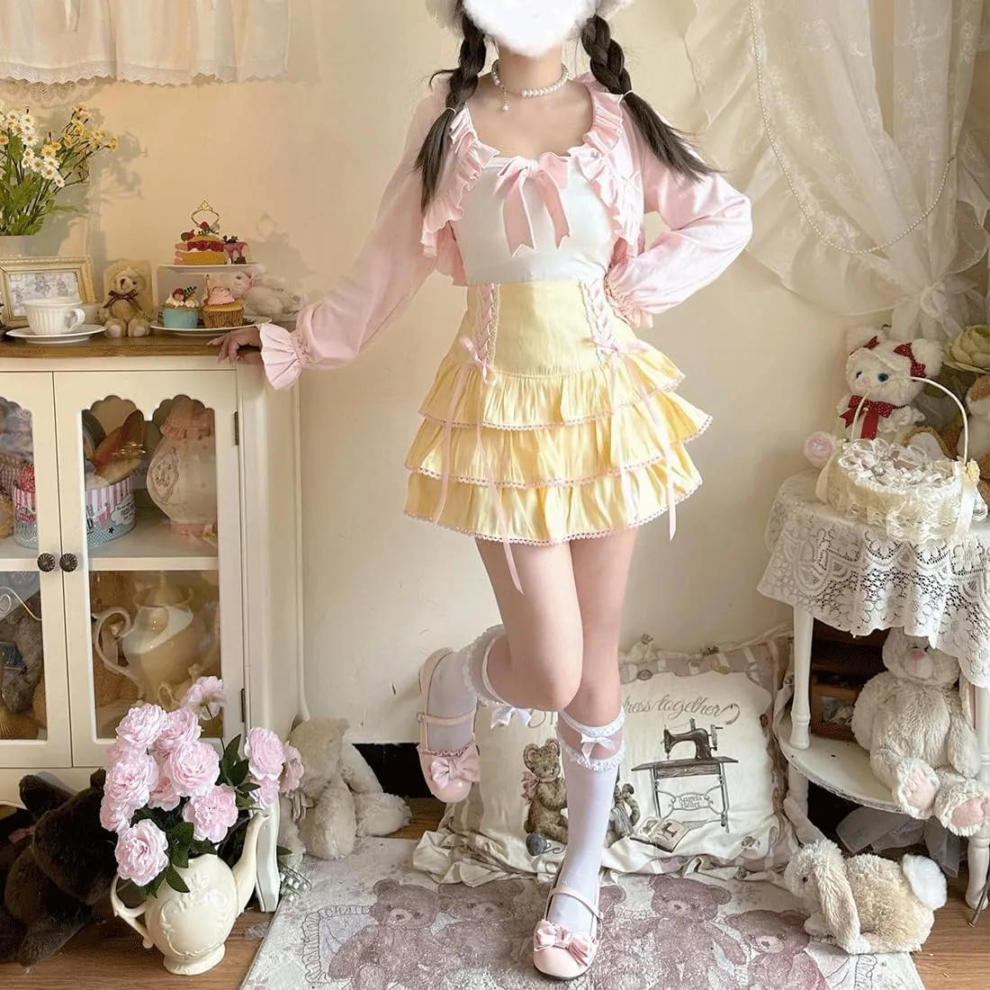 Kawaii Gothic Lolita Vintage Casual Zipper High Waist Pink Ribbon Lace Trim Tiered Skirt with Shorts Underneath