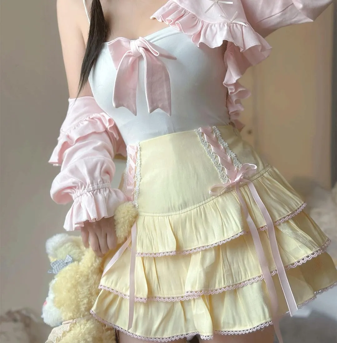 Kawaii Gothic Lolita Vintage Casual Zipper High Waist Pink Ribbon Lace Trim Tiered Skirt with Shorts Underneath