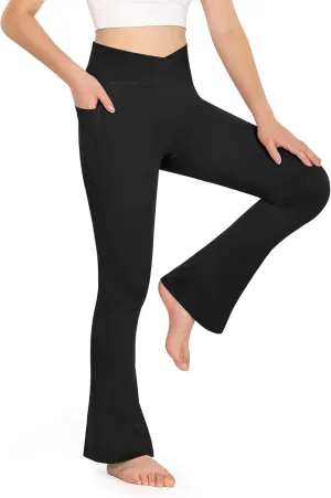 KEREDA Girls Flare Leggings High Waist V Cross Bootcut Yoga Pants Bell Bottoms for Girls with Pockets