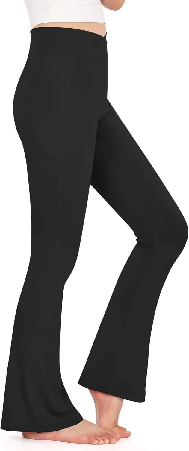 KEREDA Girls Flare Leggings High Waist V Cross Bootcut Yoga Pants Bell Bottoms for Girls with Pockets