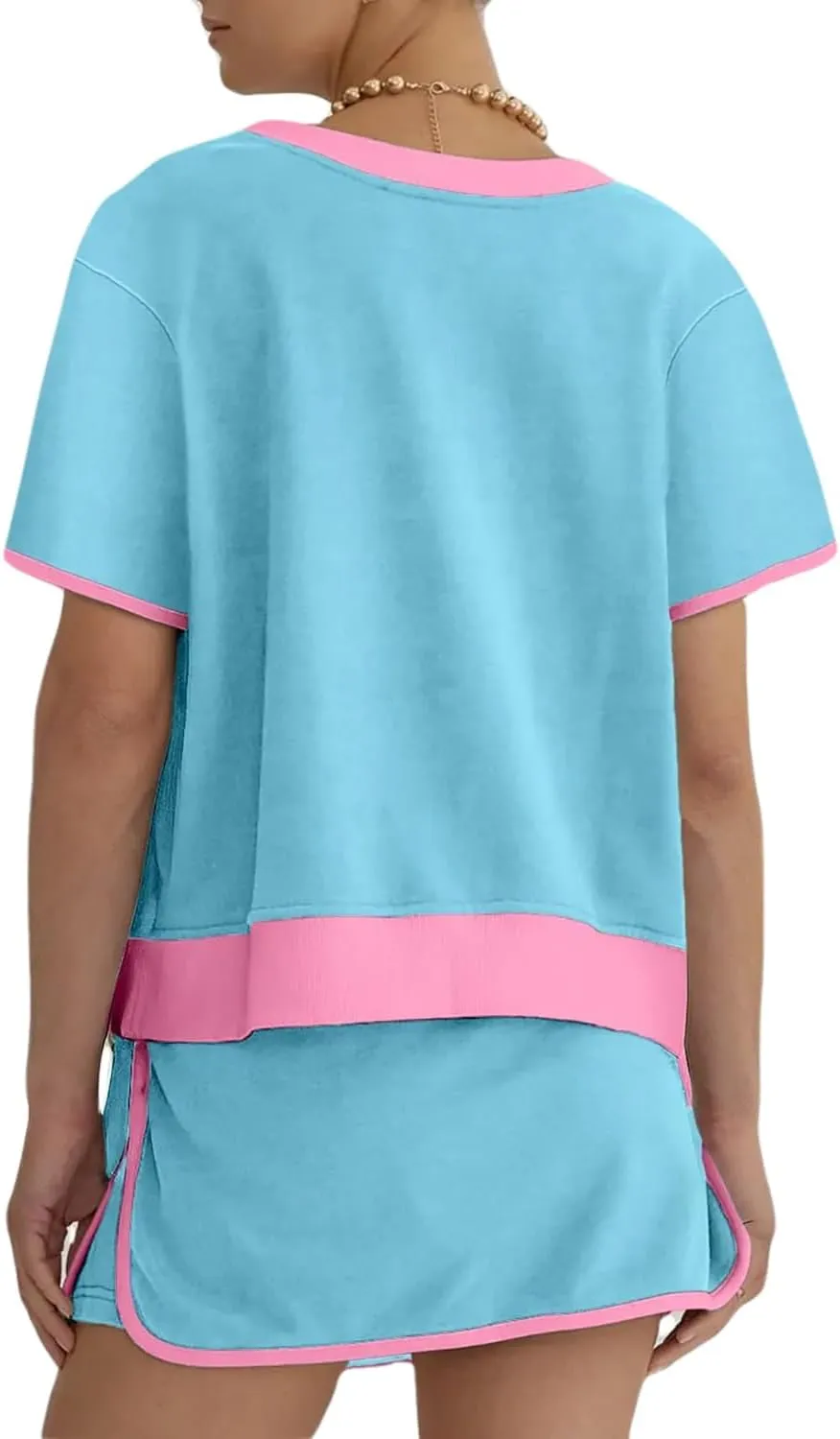 KevaMolly Womens Colorblock Edge Skirt Sets Color Contrast Loose Pullover and Lace-up Waist Skort Long Sleeve Sets
