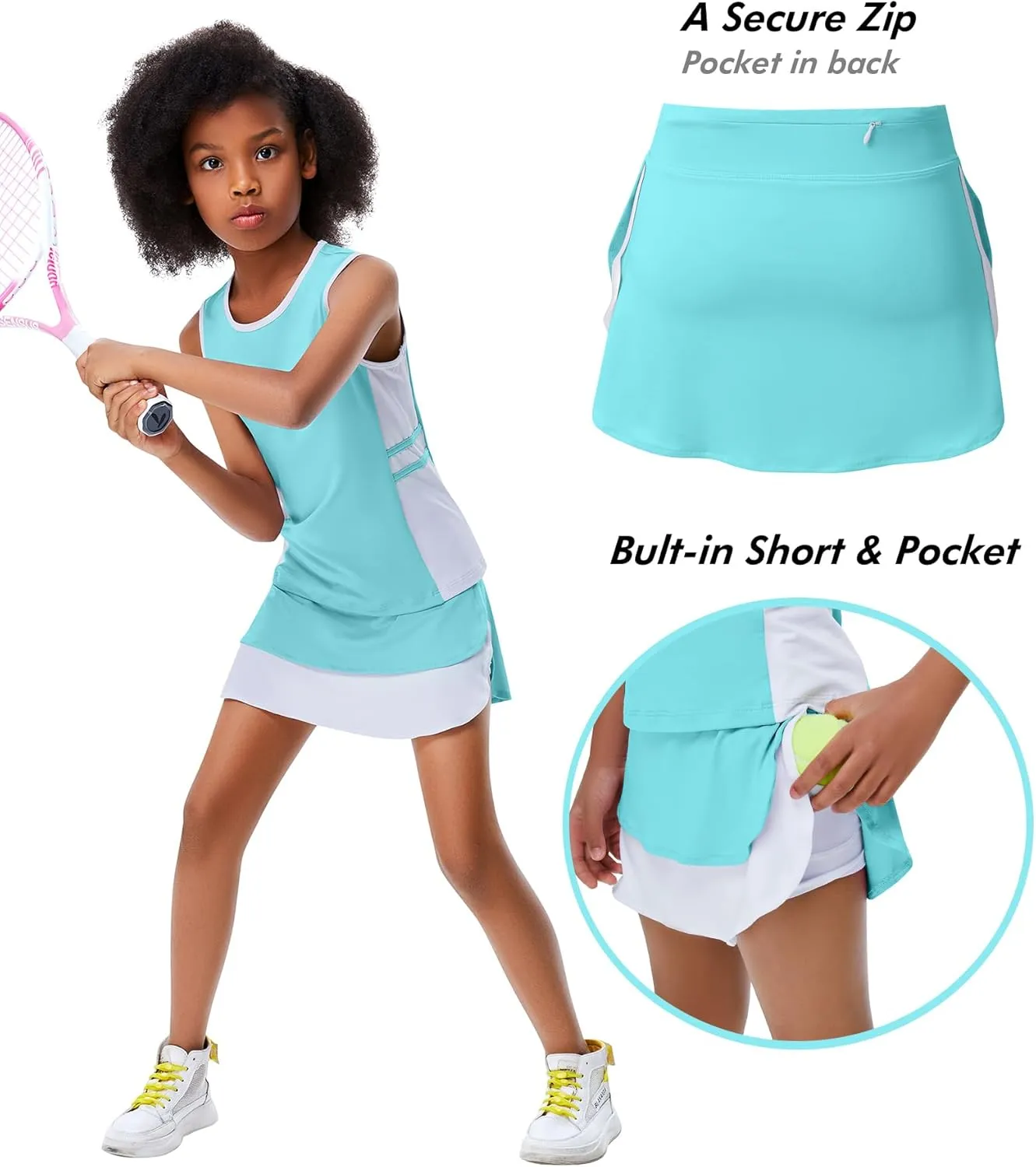 Kids Girls Tennis Golf Outfit Sleeveless Dress Tank Top Skorts Skirts Athletic Sets with Shorts Pockets 3-12Y