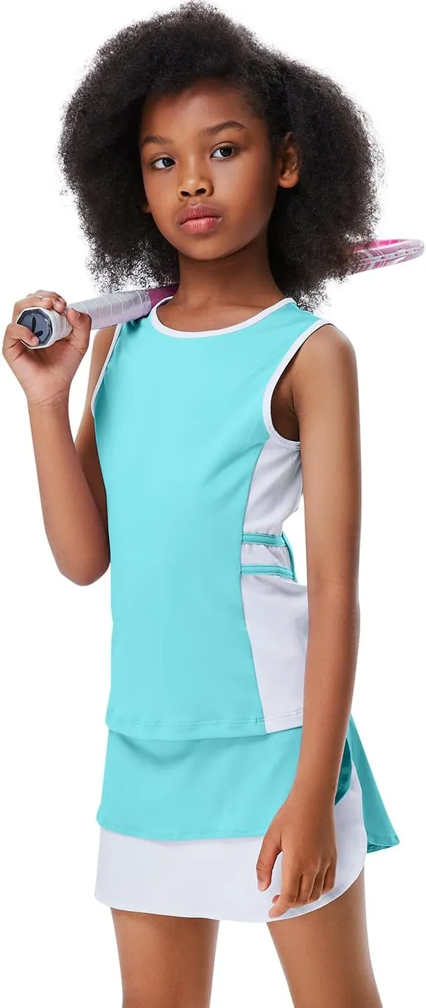 Kids Girls Tennis Golf Outfit Sleeveless Dress Tank Top Skorts Skirts Athletic Sets with Shorts Pockets 3-12Y
