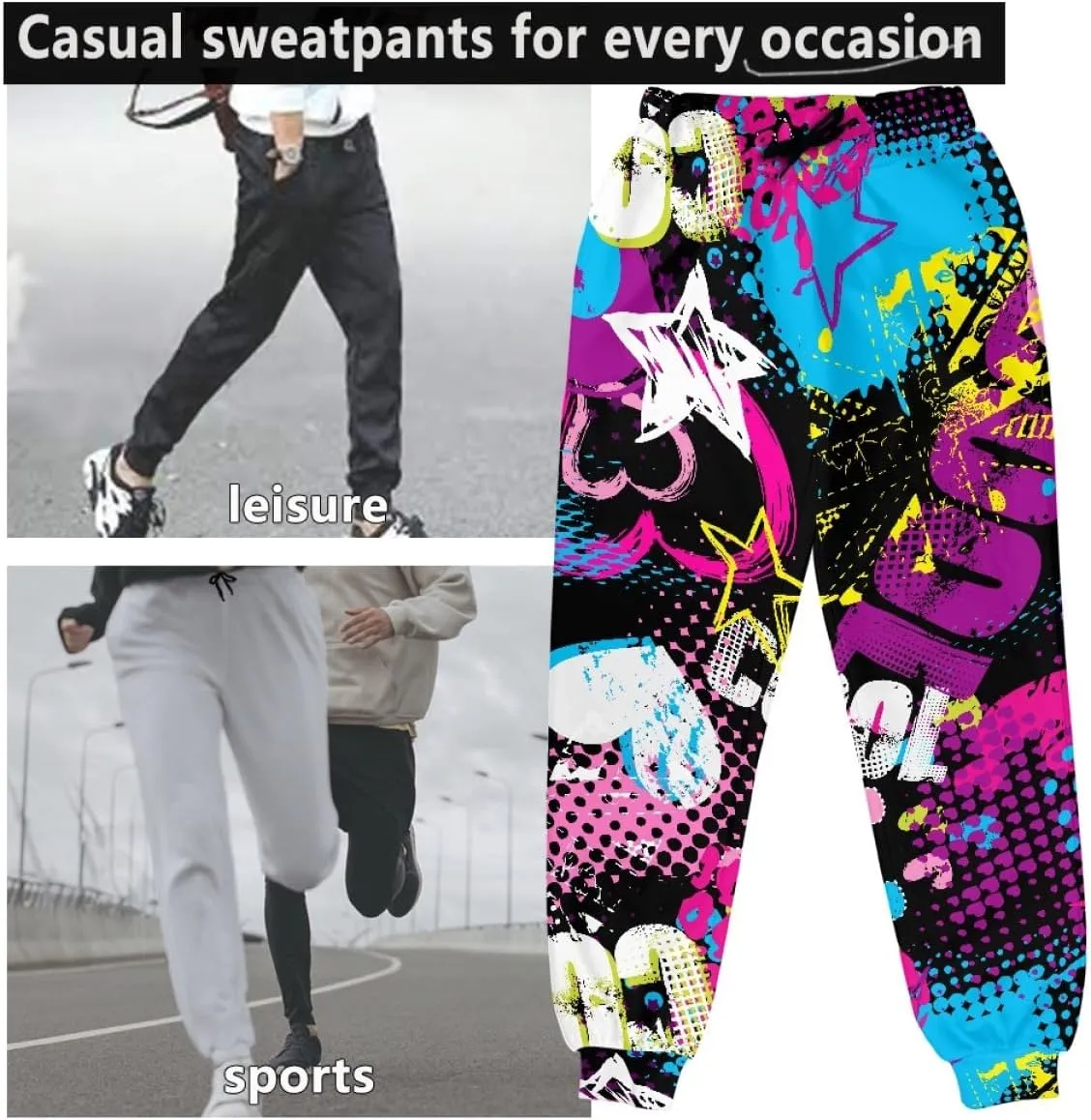 KIDVOVOU Men's Graffiti Print Elastic Waist Drawstring Hip Hop Pants Sport Jogger Sweatpants with Pockets