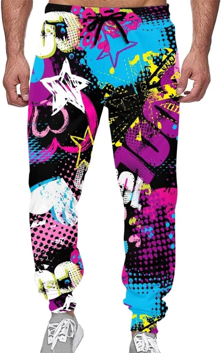 KIDVOVOU Men's Graffiti Print Elastic Waist Drawstring Hip Hop Pants Sport Jogger Sweatpants with Pockets