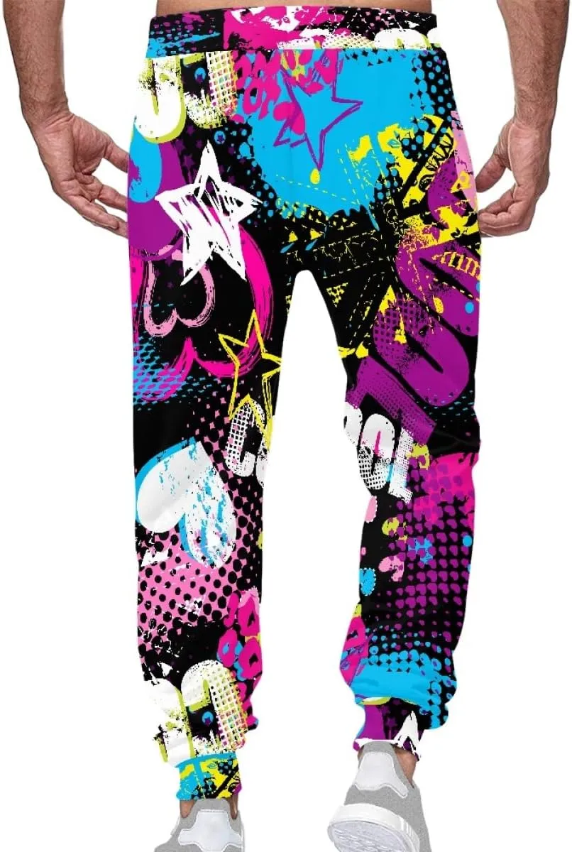KIDVOVOU Men's Graffiti Print Elastic Waist Drawstring Hip Hop Pants Sport Jogger Sweatpants with Pockets