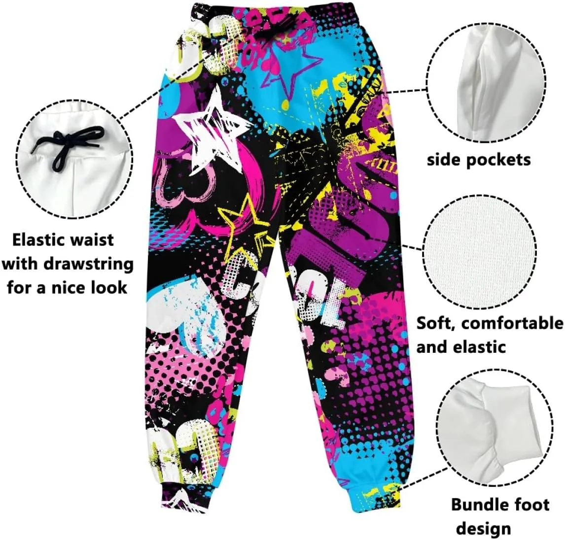 KIDVOVOU Men's Graffiti Print Elastic Waist Drawstring Hip Hop Pants Sport Jogger Sweatpants with Pockets