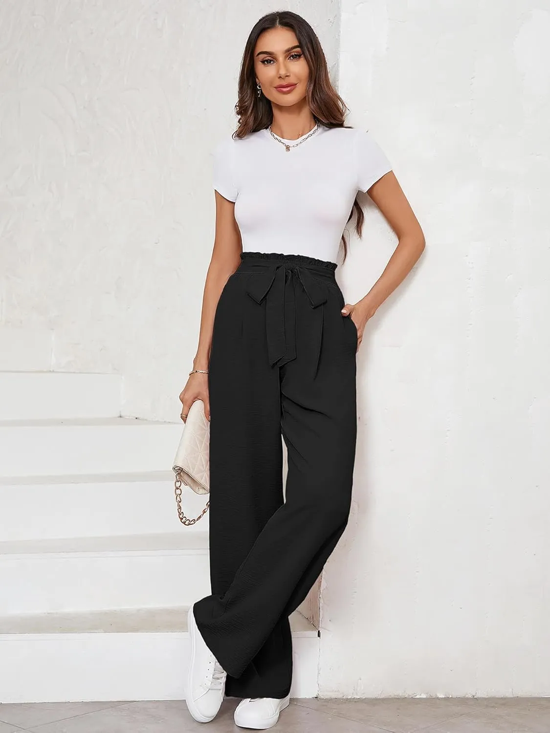 KORSIS Women's Wide Leg Lounge Pants Lightweight High Waisted Loose Work Elastic Trousers with Pockets (S-2XL)