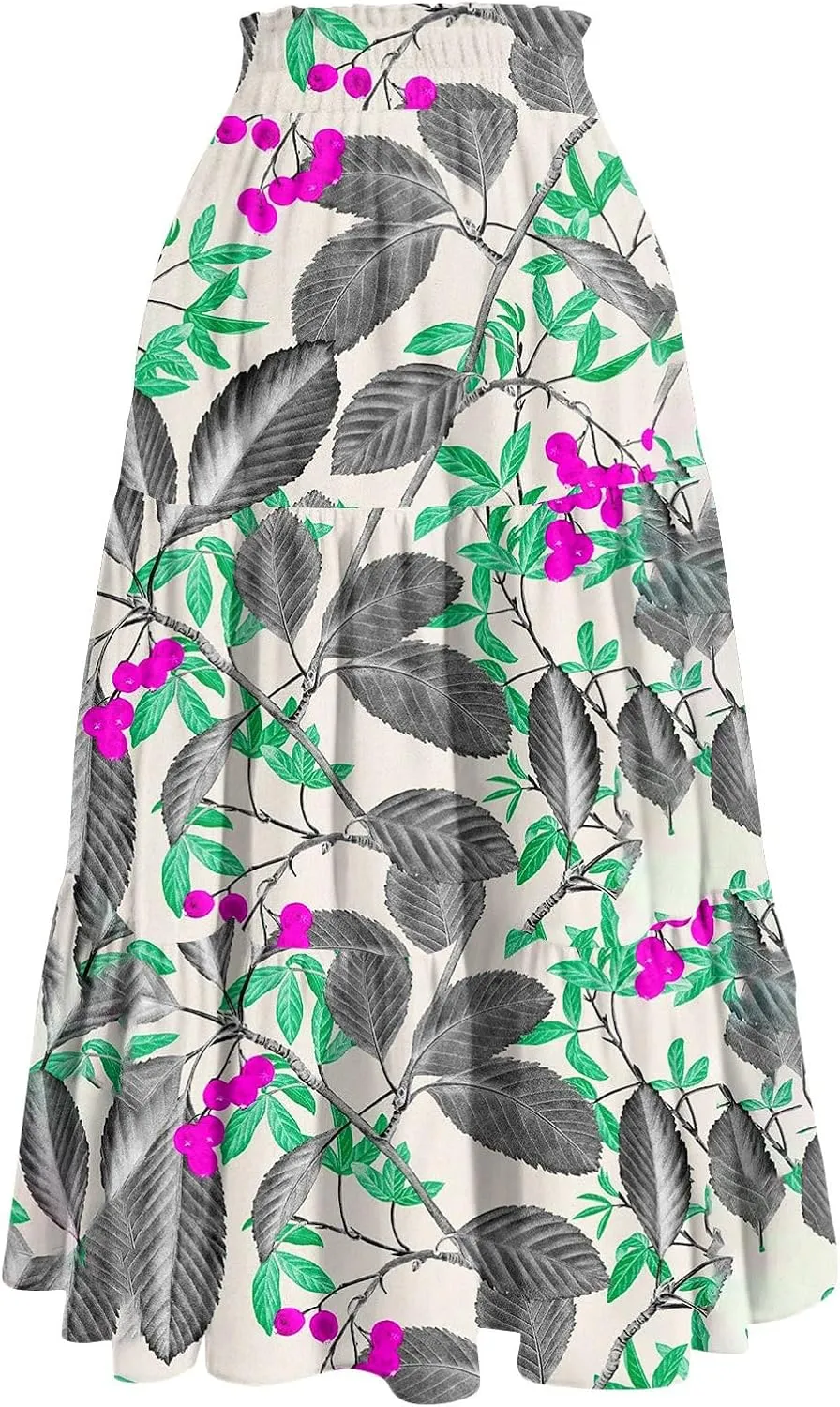 KUIOLYPOER Women's Chiffon Pleated Skirts Womens Summer Flowy Midi Skirts Casual Lightweight High Waisted Floral Beach Skirt