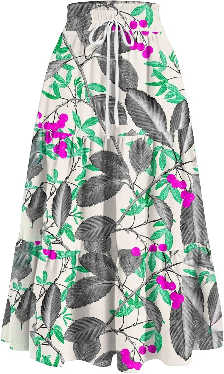 KUIOLYPOER Women's Chiffon Pleated Skirts Womens Summer Flowy Midi Skirts Casual Lightweight High Waisted Floral Beach Skirt