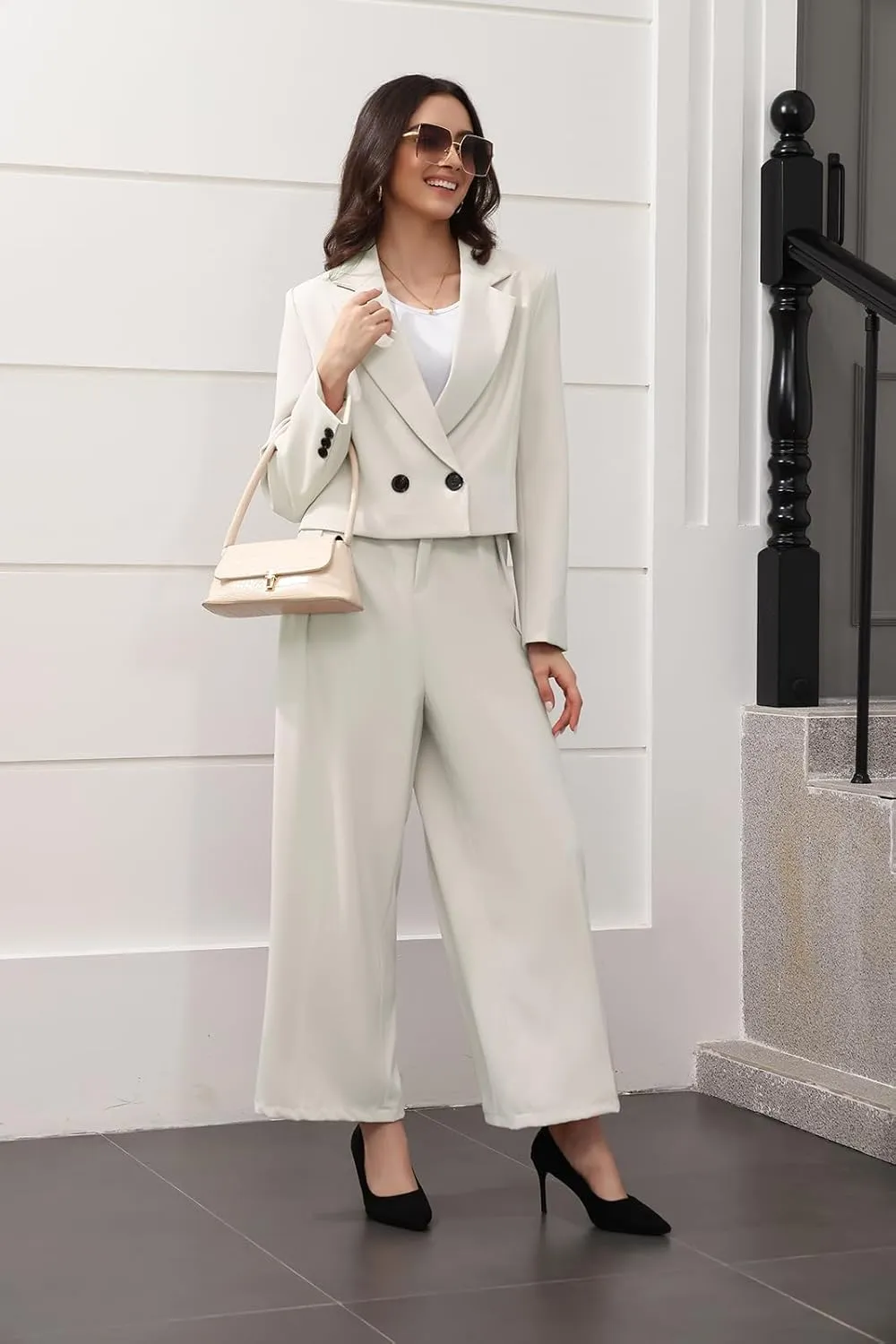 Lamgool Women's Suit 2 Piece Casual Outfits Cropped Blazer High Waisted Wide Leg Pants for Work