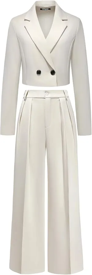 Lamgool Women's Suit 2 Piece Casual Outfits Cropped Blazer High Waisted Wide Leg Pants for Work