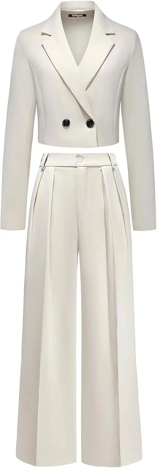 Lamgool Women's Suit 2 Piece Casual Outfits Cropped Blazer High Waisted Wide Leg Pants for Work