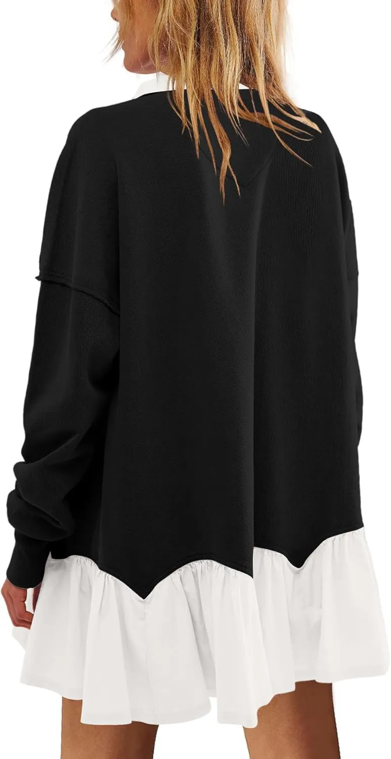 LAMISSCHE Womens Sweatshirt Dress Oversized Long Sleeve V Neck Pullover Tops Flowy Ruffle Patchwork Mini Dress