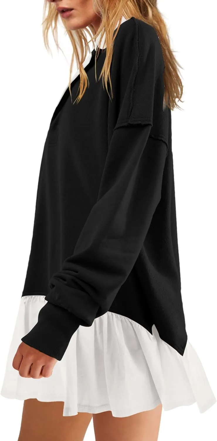 LAMISSCHE Womens Sweatshirt Dress Oversized Long Sleeve V Neck Pullover Tops Flowy Ruffle Patchwork Mini Dress