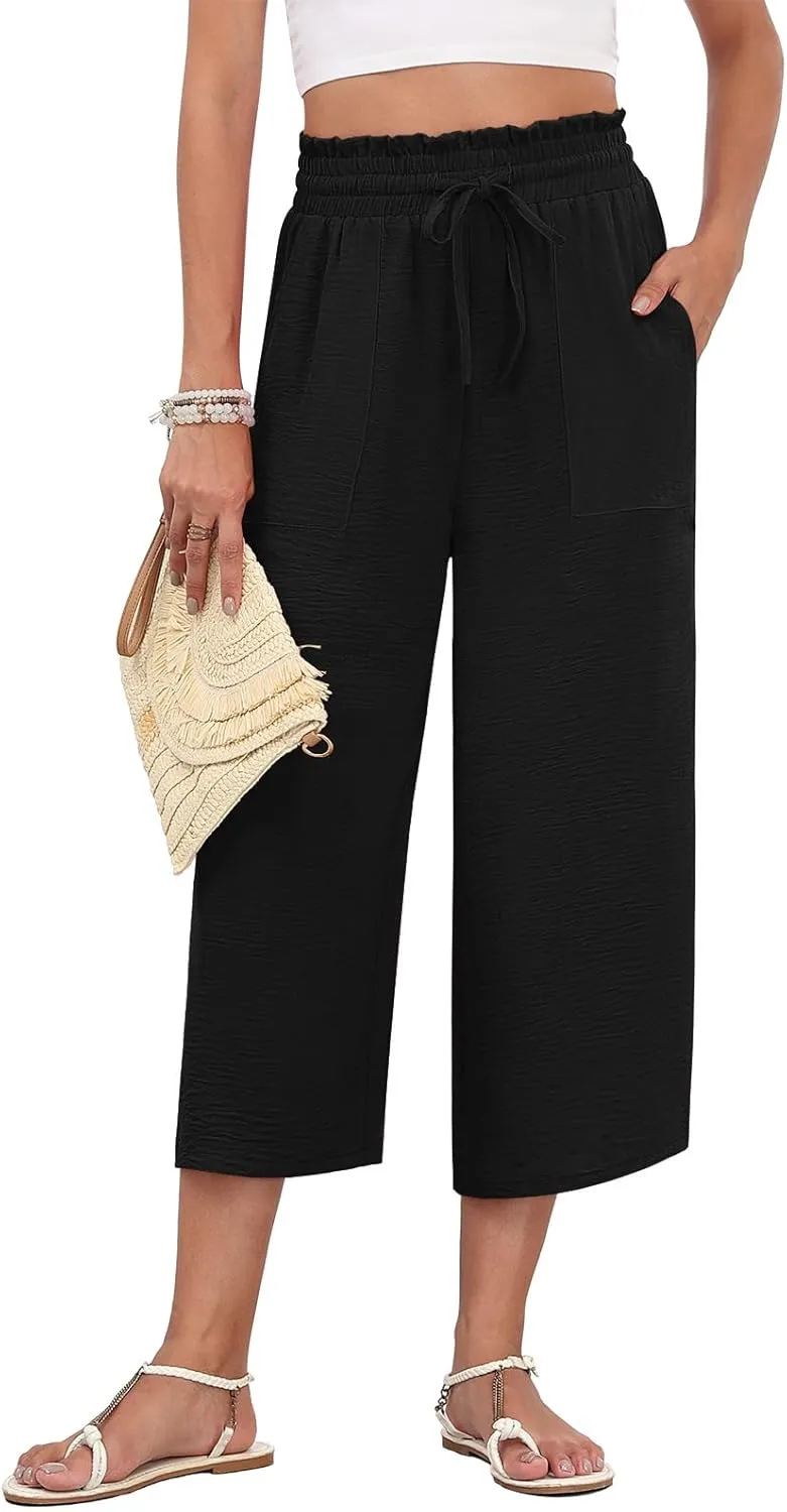 LAOLASI Womens Capri Pants Casual High Waisted Wide Leg Lounge Pants Drawstring Loose Palazzo Pants Trousers with Pockets