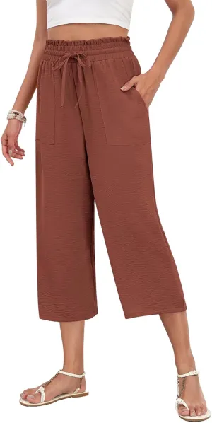 LAOLASI Womens Capri Pants Casual High Waisted Wide Leg Lounge Pants Drawstring Loose Palazzo Pants Trousers with Pockets