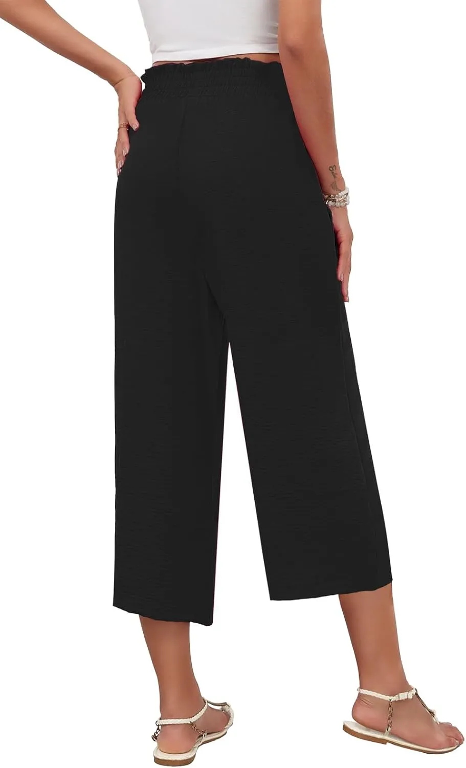 LAOLASI Womens Capri Pants Casual High Waisted Wide Leg Lounge Pants Drawstring Loose Palazzo Pants Trousers with Pockets