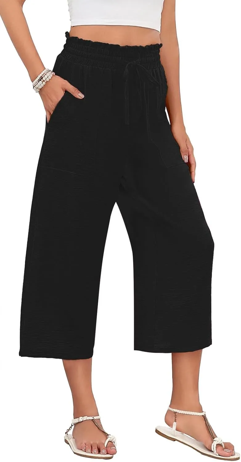 LAOLASI Womens Capri Pants Casual High Waisted Wide Leg Lounge Pants Drawstring Loose Palazzo Pants Trousers with Pockets