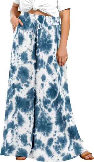 Lastshe Women's Plus Size Pants Wide Leg High Waist Flowy Casual Palazzo 2025 Summer Lounge Boho Beach Trousers Pockets