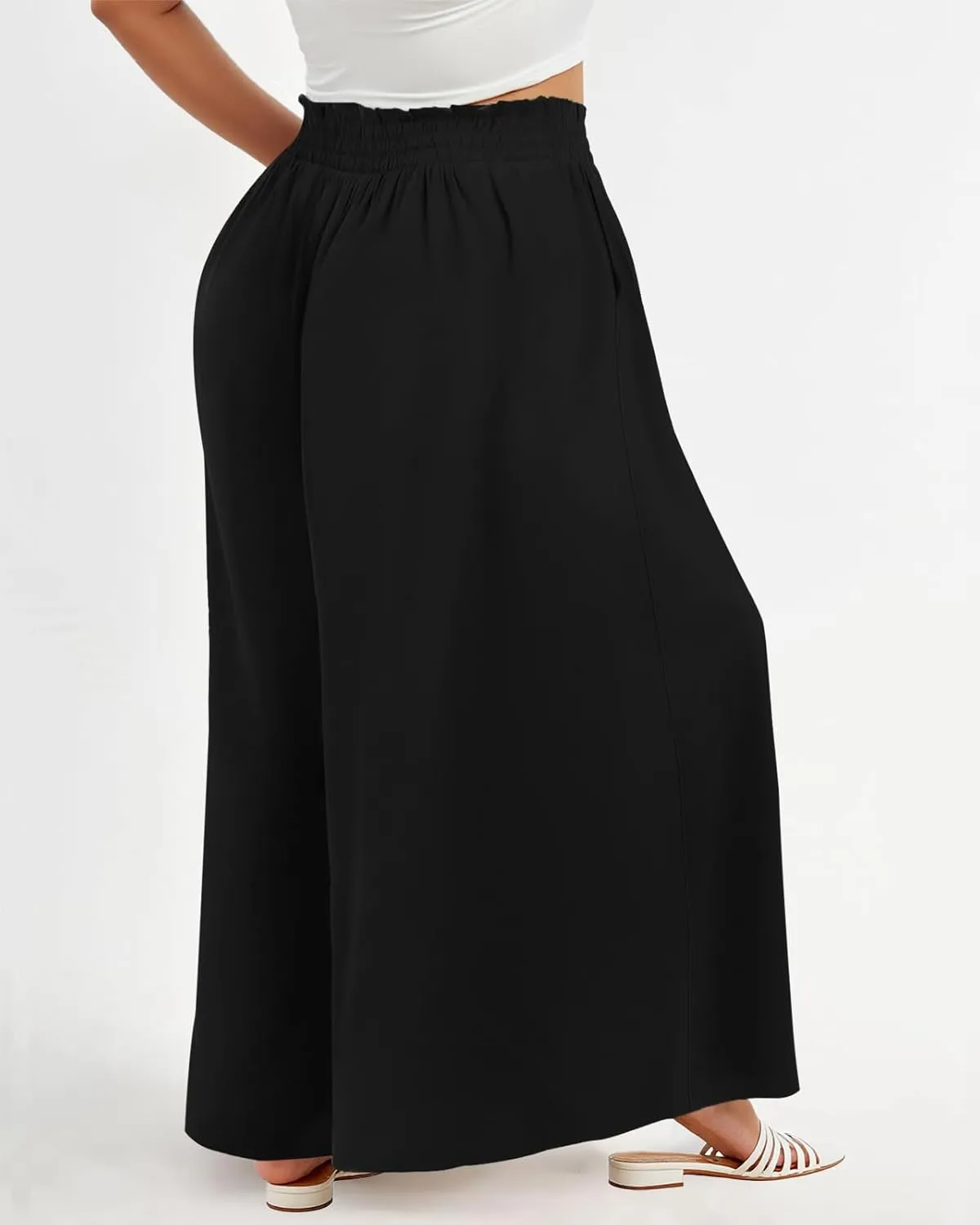 Lastshe Women's Plus Size Pants Wide Leg High Waist Flowy Casual Palazzo 2025 Summer Lounge Boho Beach Trousers Pockets