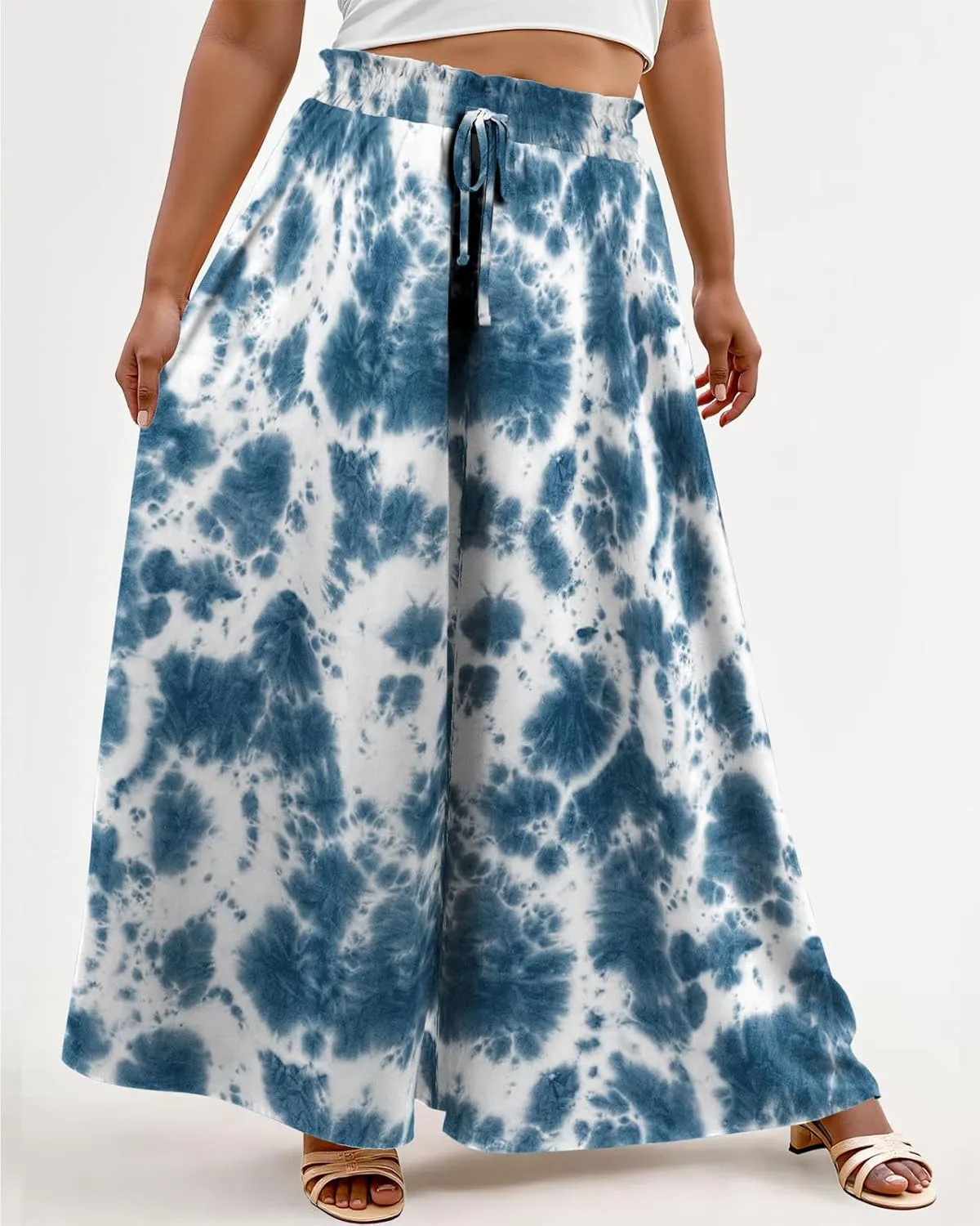 Lastshe Women's Plus Size Pants Wide Leg High Waist Flowy Casual Palazzo 2025 Summer Lounge Boho Beach Trousers Pockets