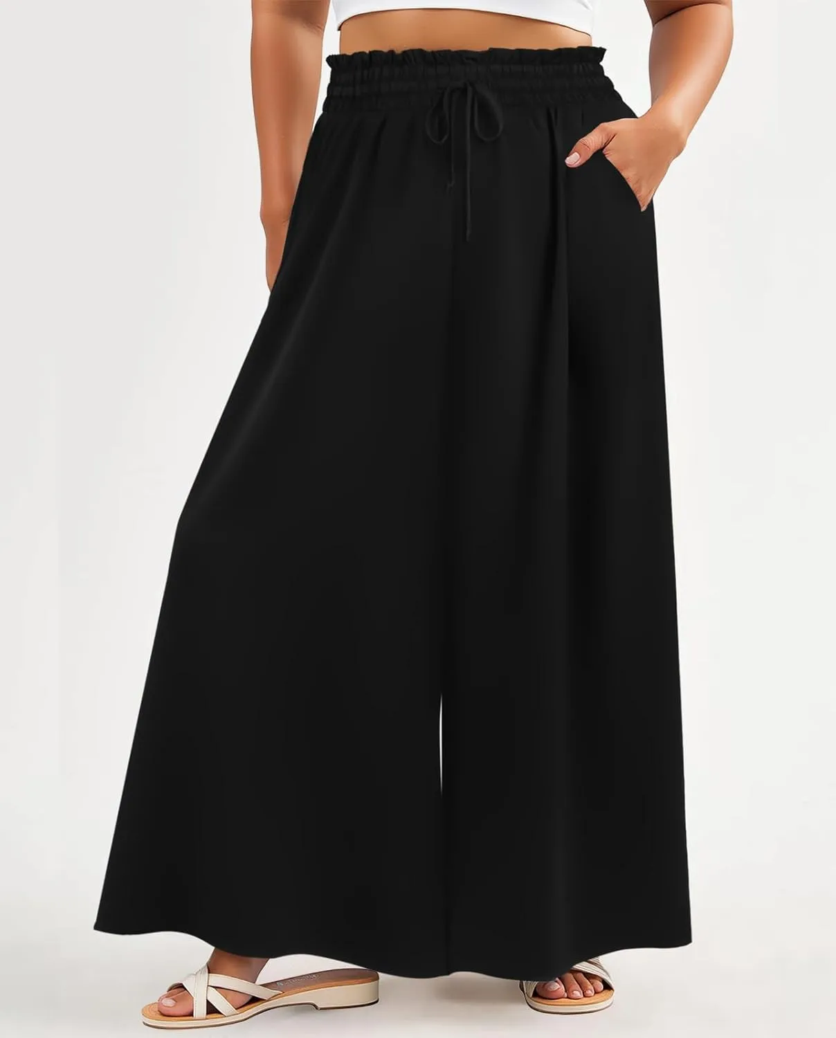 Lastshe Women's Plus Size Pants Wide Leg High Waist Flowy Casual Palazzo 2025 Summer Lounge Boho Beach Trousers Pockets