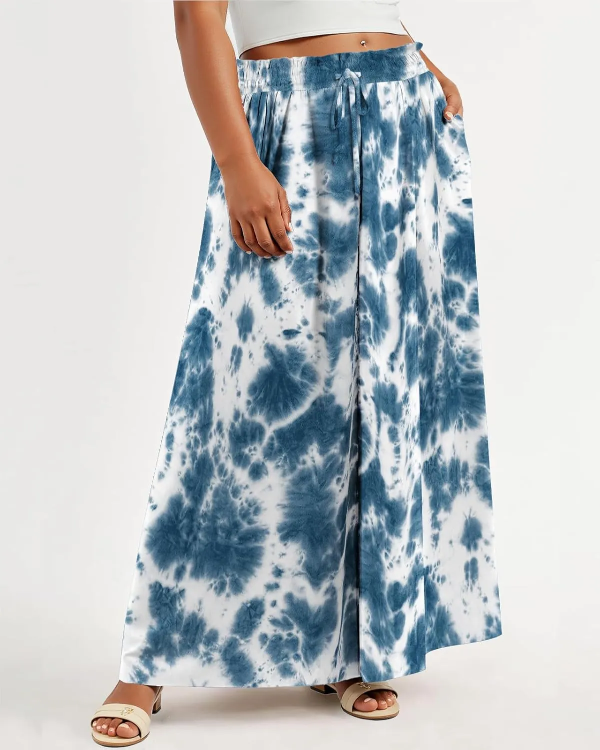 Lastshe Women's Plus Size Pants Wide Leg High Waist Flowy Casual Palazzo 2025 Summer Lounge Boho Beach Trousers Pockets