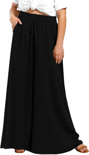 Lastshe Women's Plus Size Pants Wide Leg High Waist Flowy Casual Palazzo 2025 Summer Lounge Boho Beach Trousers Pockets