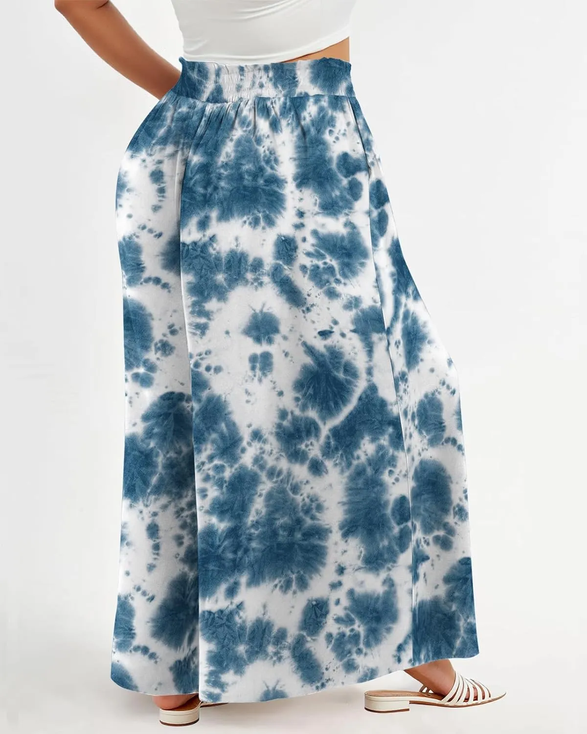 Lastshe Women's Plus Size Pants Wide Leg High Waist Flowy Casual Palazzo 2025 Summer Lounge Boho Beach Trousers Pockets