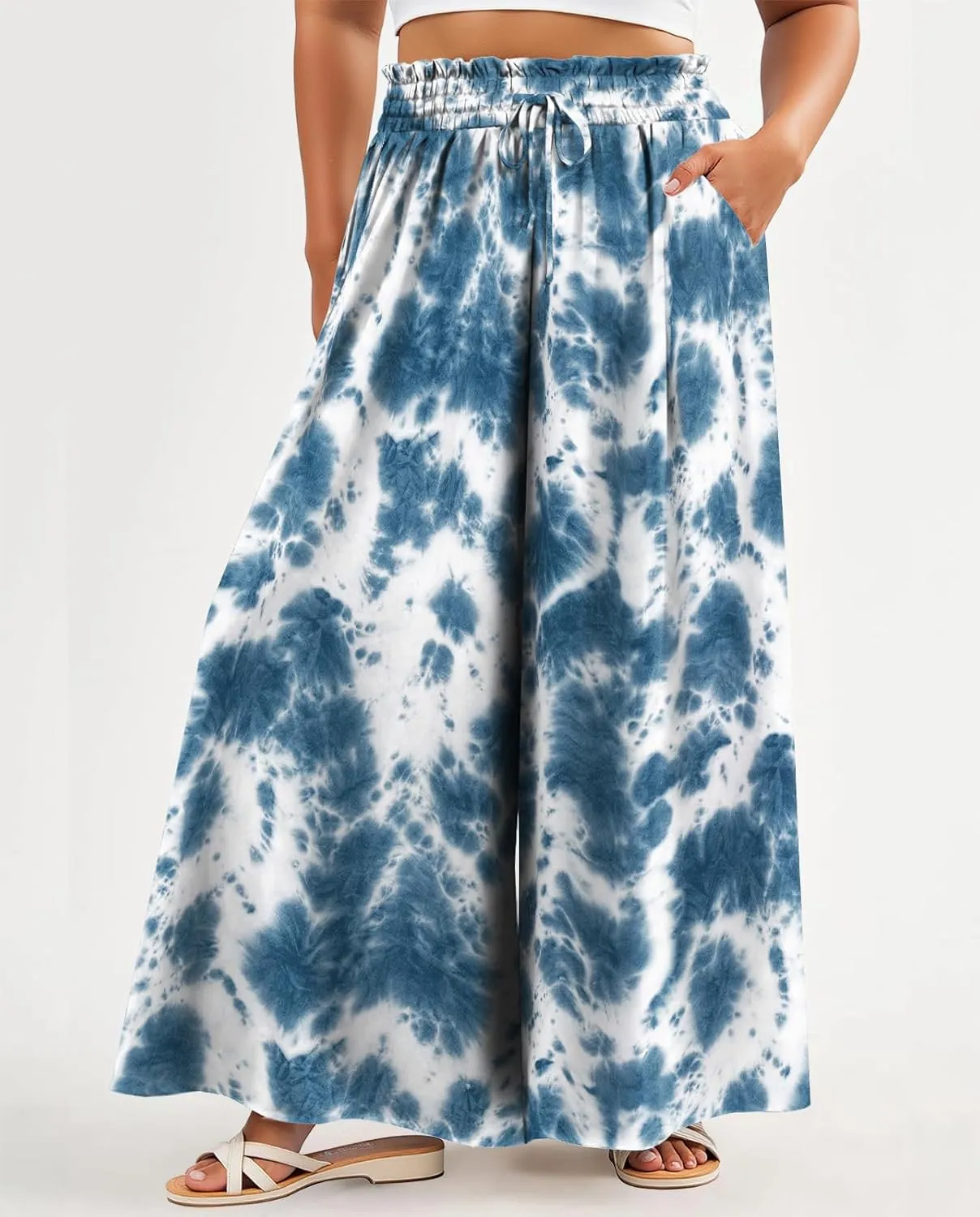 Lastshe Women's Plus Size Pants Wide Leg High Waist Flowy Casual Palazzo 2025 Summer Lounge Boho Beach Trousers Pockets