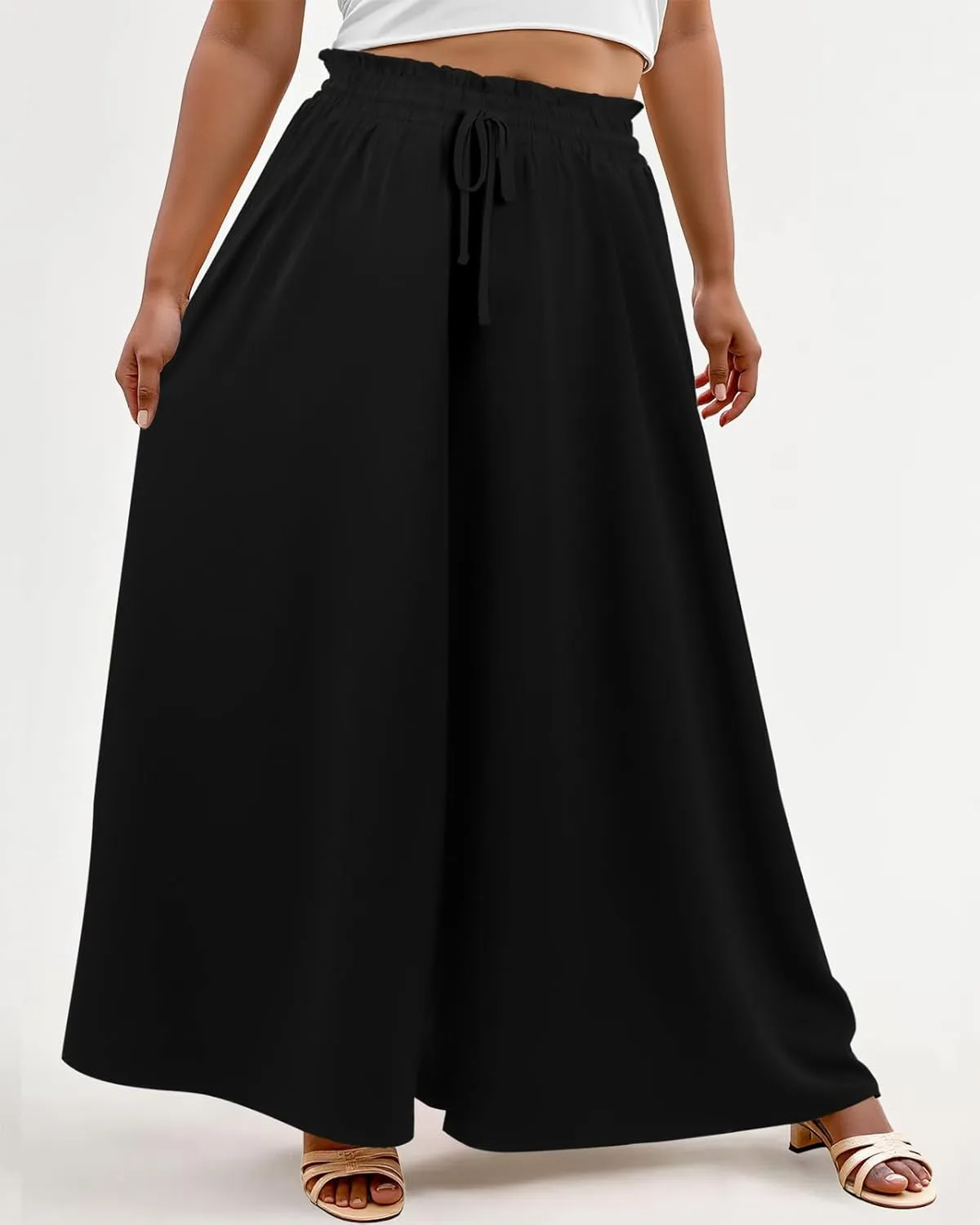 Lastshe Women's Plus Size Pants Wide Leg High Waist Flowy Casual Palazzo 2025 Summer Lounge Boho Beach Trousers Pockets