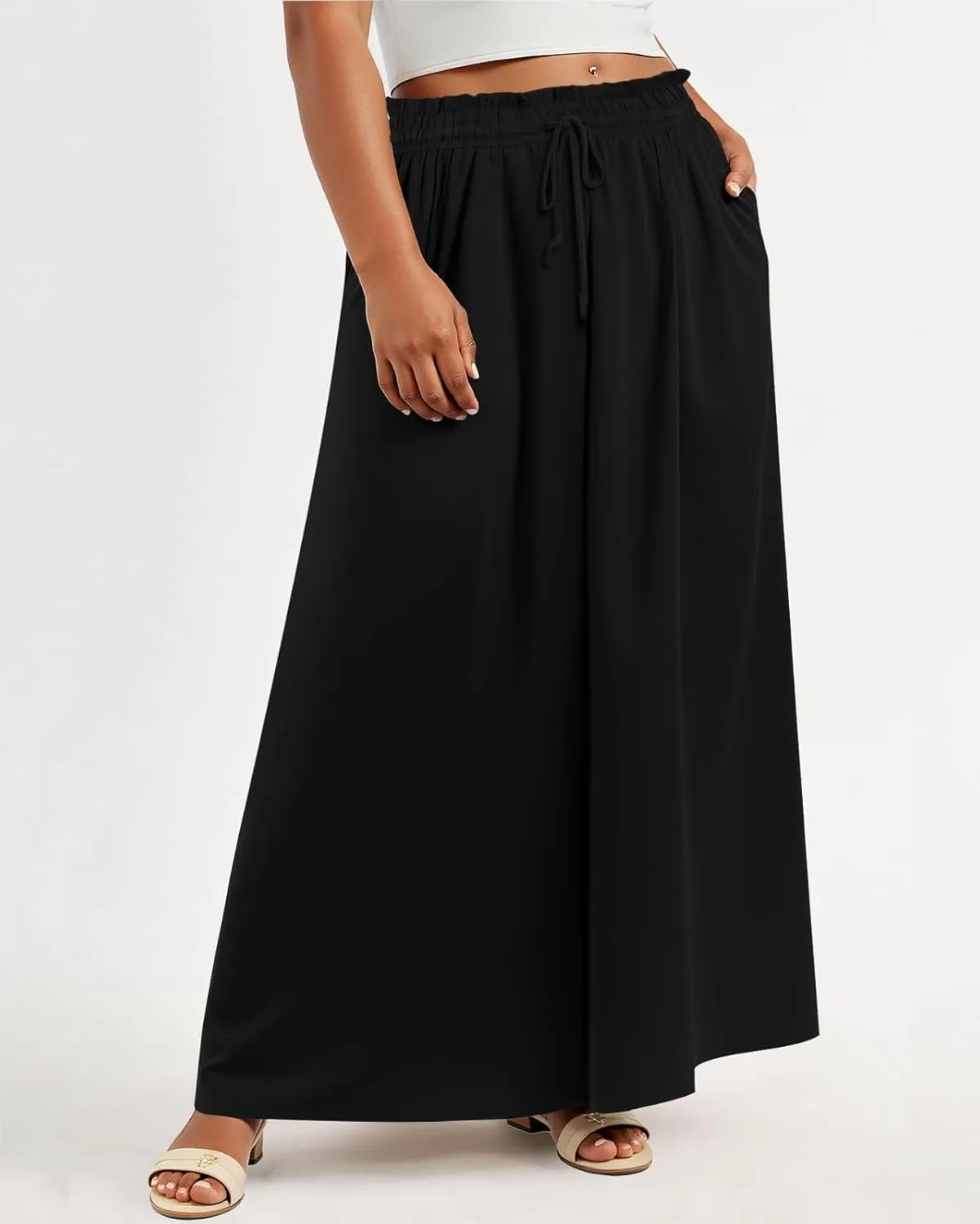 Lastshe Women's Plus Size Pants Wide Leg High Waist Flowy Casual Palazzo 2025 Summer Lounge Boho Beach Trousers Pockets