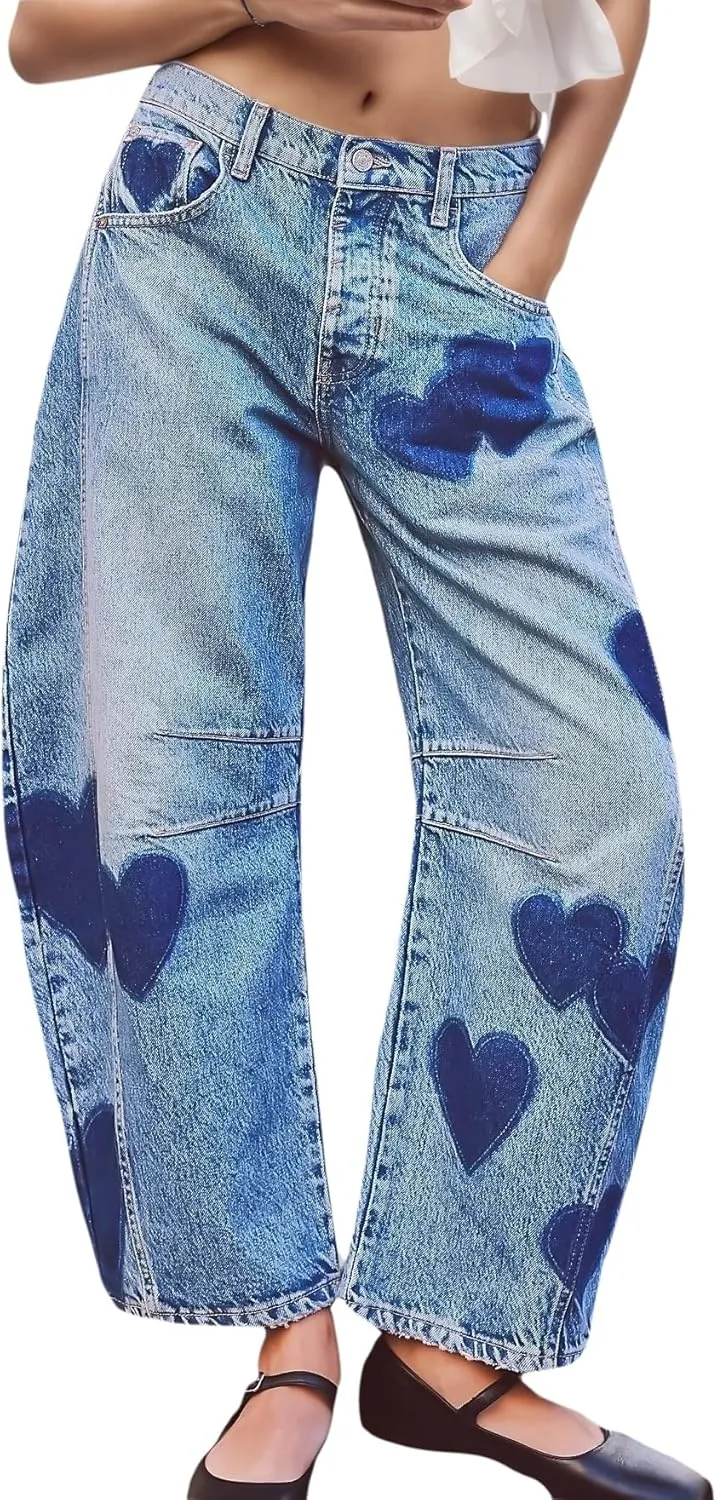 LifeShe Women's Wide Leg Baggy Jeans Low Waist Heart Barrel Loose Denim Pants