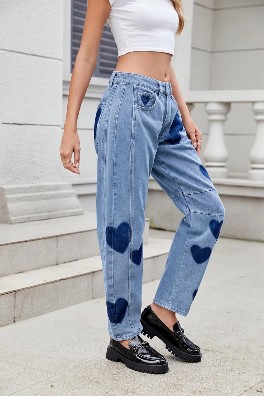 LifeShe Women's Wide Leg Baggy Jeans Low Waist Heart Barrel Loose Denim Pants