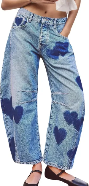 LifeShe Women's Wide Leg Baggy Jeans Low Waist Heart Barrel Loose Denim Pants
