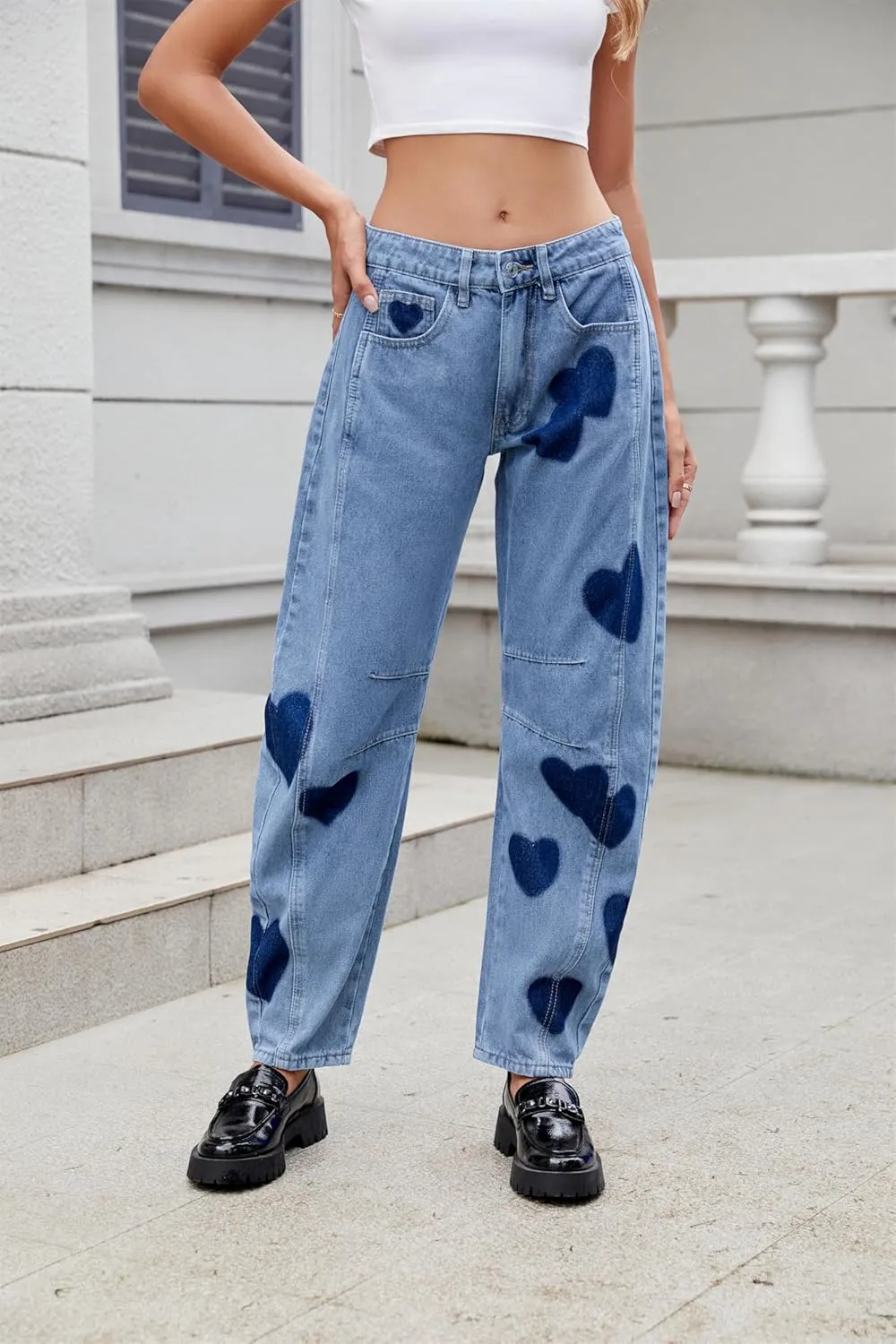 LifeShe Women's Wide Leg Baggy Jeans Low Waist Heart Barrel Loose Denim Pants